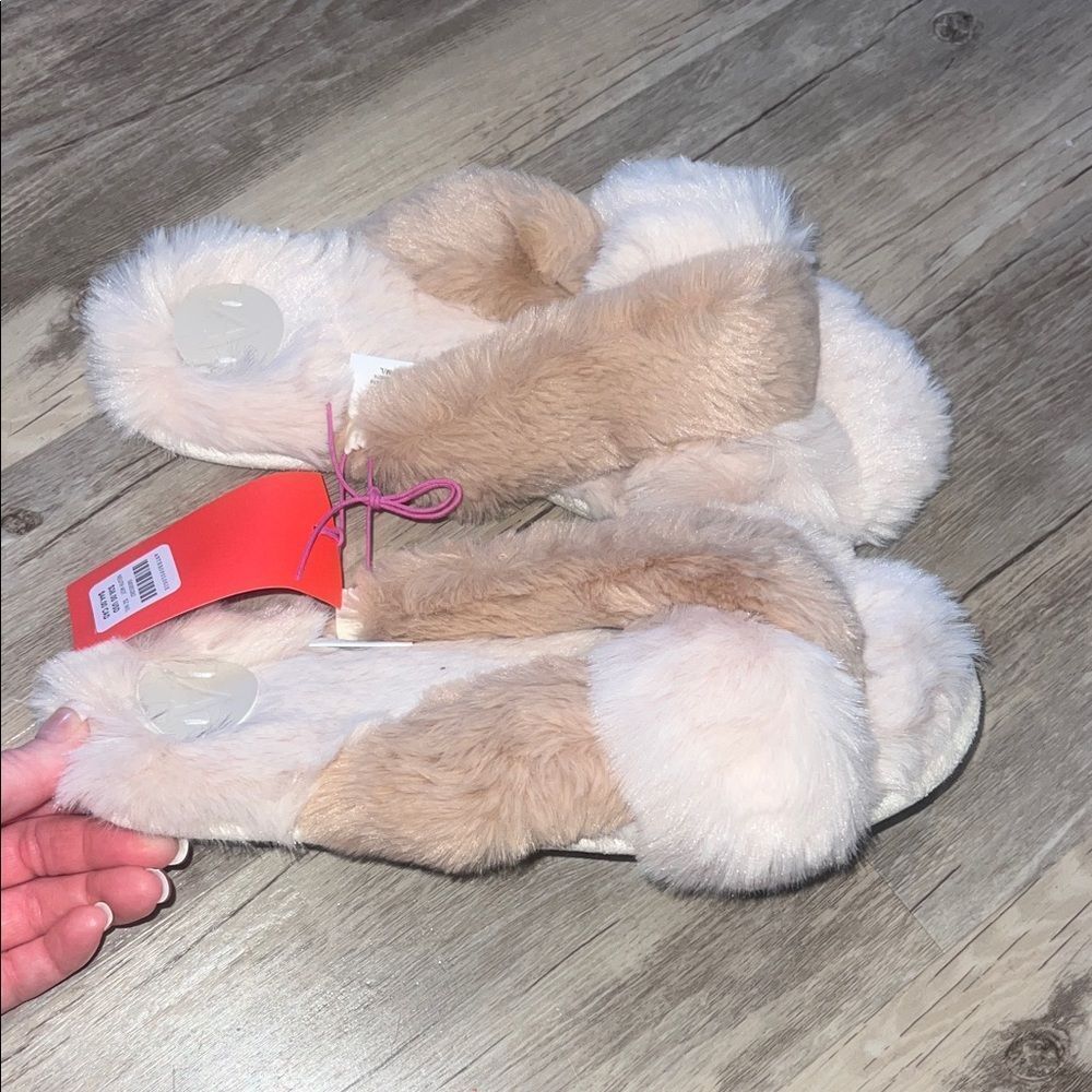 Anthropologie Fuzzy Slippers in Tan and Cream